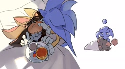 Size: 2048x1136 | Tagged: safe, artist:afajiao, shadow the hedgehog, sonic the hedgehog, chao, 2025, bed, character chao, food, gay, group, hand on another's face, holding something, looking at them, lying down, one eye closed, pillow, pinching, plate, shadow chao, shadow x sonic, shipping, simple background, sleeping, sonic chao, white background