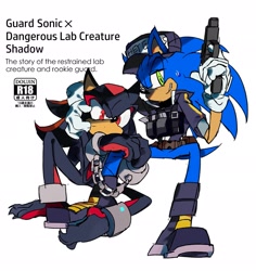 Size: 1935x2048 | Tagged: safe, artist:afajiao, shadow the hedgehog, sonic the hedgehog, 2025, alternate outfit, alternate shoes, alternate universe, barefoot, duo, english text, gay, gloves off, grin, gun, hand on another's face, hand on another's head, hat, holding something, looking at viewer, shackles, shadow x sonic, shipping, shirt, simple background, sitting, smile, vest, white background