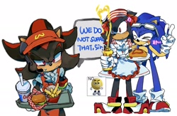 Size: 2048x1332 | Tagged: safe, artist:afajiao, shadow the hedgehog, sonic the hedgehog, 2025, alternate outfit, burger, crossdressing, dress, drink, duo, english text, eyes closed, food, french fries, gay, grin, hat, holding something, lidded eyes, looking at viewer, meme, shadow x sonic, shipping, simple background, smile, speech bubble, standing, tray, v sign, white background