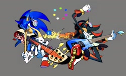 Size: 2048x1238 | Tagged: safe, artist:afajiao, shadow the hedgehog, sonic the hedgehog, 2025, arm up, chaos emerald, duo, eyes closed, grey background, guitar, headphones, holding something, playing music, simple background