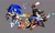Size: 2048x1238 | Tagged: safe, artist:afajiao, shadow the hedgehog, sonic the hedgehog, hedgehog, 2025, arm up, chaos emerald, duo, eyes closed, grey background, guitar, headphones, holding something, male, musical instrument, playing music, simple background