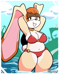 Size: 2400x3000 | Tagged: suggestive, artist:jd_virushunter, vanilla the rabbit, rabbit, green hill zone, bikini, busty vanilla, cleavage, daytime, female, hands behind head, long ears, looking at viewer, necklace, solo, water