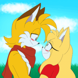 Size: 864x864 | Tagged: safe, artist:laryjoy, miles "tails" prower, zooey the fox, fox, 2026, adult, animated, blushing, daytime, duo, female, gif, grass, grass field, holding hands, kiss on lips, looking at each other, male, older, scarf, shipping, straight, tailsey