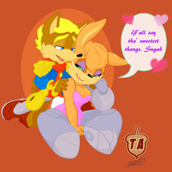 Size: 1280x1280 | Tagged: dead source, safe, artist:bodalack, antoine d'coolette, bunnie rabbot, coyote, rabbit, 2013, buntoine, dialogue, duo, english text, female, hand on cheek, heart, looking at each other, male, roboticized, shipping, simple background, sitting, smile, smiling at each other, speech bubble, straight