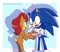 Size: 4500x3900 | Tagged: safe, artist:nsfwmiku, sally acorn, sonic the hedgehog, chipmunk, hedgehog, 2026, chili dog, doodling, duo, female, food, giving object, heart, holding something, hot dog, looking at something, looking at them, male, sally x sonic, shadow (lighting), shipping, simple background, sparkle, straight