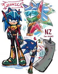 Size: 834x1051 | Tagged: safe, artist:soramotsuchi, scourge the hedgehog, sonic the hedgehog, zonic the zone cop, hedgehog, 2026, alternate outfit, character name, english text, male, photo, pose, punching, punching bag, solo, sweatdrop, zone cop outfit