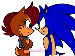 Size: 1500x1129 | Tagged: safe, artist:antonybia_, sally acorn, sonic the hedgehog, chipmunk, hedgehog, 2026, arms folded, duo, female, looking at each other, male, sally x sonic, sally's vest and boots, shipping, simple background, straight, white background