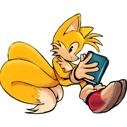 Size: 527x527 | Tagged: safe, artist:firepowur, artist:genesishero, miles "tails" prower, 2026, book, holding something, looking at viewer, simple background, smile, solo, treads, white background