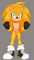 Size: 1740x3072 | Tagged: safe, artist:lukastarfall, oc, oc:luka (lukastarfall), hedgehog, 2026, black gloves, black shoes, chest fluff, clenched fists, gloves, grey background, looking at viewer, oc only, shoes, simple background, socks, solo