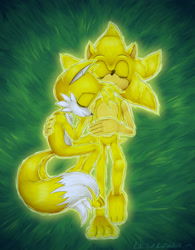 Size: 1000x1280 | Tagged: safe, artist:lali-lop, miles "tails" prower, sonic the hedgehog, super sonic, super tails, 2019, barefoot, duo, eyes closed, gloves off, grass, lying down, lying on side, nighttime, outdoors, signature, smile, snuggling, super form