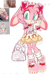 Size: 1113x1568 | Tagged: safe, artist:splash_ad_, oc, oc:velvet the rabbit, rabbit, bag, blushing, bow, dress, female, gloves off, heart nose, oc only, pink fur, shoes, solo, strawberry, wip