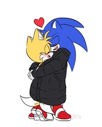 Size: 800x1000 | Tagged: safe, artist:relly_ho, miles "tails" prower, sonic the hedgehog, 2020, blushing, coat, cute, duo, eyes closed, flat colors, gay, heart, hugging, mouth open, sharing clothing, shipping, simple background, smile, sonabetes, sonic x tails, standing, tailabetes, treads, white background