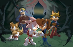 Size: 2048x1325 | Tagged: safe, artist:kc_456, amy rose, antoine d'coolette, miles "tails" prower, nicole the handheld, rotor walrus, sally acorn, chipmunk, coyote, fox, hedgehog, walrus, 2026, building, female, forest, freedom fighters, group, male, sally's vest and boots, sonic satam