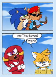 Size: 1501x2048 | Tagged: safe, artist:kittytale, knuckles the echidna, miles "tails" prower, nicole the handheld, nicole the hololynx, sally acorn, sonic the hedgehog, echidna, fox, hedgehog, 2026, alternate universe, au:all in (kittytale), comic, daytime, english text, female, holding something, leaning on them, male, miles electric, quartet, robot, roboticized, sally x sonic, sally's ringblader outfit, shipping, speech bubble, straight