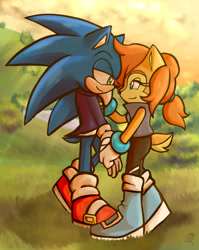 Size: 2080x2613 | Tagged: safe, artist:k3llywolfarts, sally acorn, sonic the hedgehog, chipmunk, hedgehog, 2020, bush, clothes, daytime, duo, female, looking at each other, male, nature, ponytail, redraw, river, sally x sonic, sally's ringblader outfit, shipping, straight