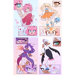 Size: 1440x1440 | Tagged: safe, artist:hallsth_eien, amy rose, blaze the cat, cheese (chao), cream the rabbit, rouge the bat, bat, cat, hedgehog, human, rabbit, dress, female, humanized