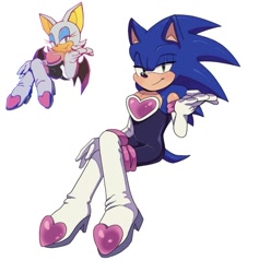 Size: 970x1024 | Tagged: safe, artist:starryyberries, sonic the hedgehog, 2024, crossdressing, femboy, hand on knee, legs crossed, looking at viewer, outfit swap, reference inset, rouge's heart top, simple background, smile, solo, white background