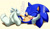 Size: 1000x588 | Tagged: safe, artist:shoppaaaa, artist:しょっぱー, sonic the hedgehog, 2012, dialogue, grey background, head rest, japanese text, lidded eyes, looking at viewer, lying down, lying on side, male, mouth open, simple background, smile, socks, solo, speech bubble, stupid sexy sonic, talking, talking to viewer, text