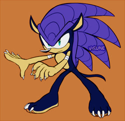 Size: 700x677 | Tagged: safe, artist:virune, oc, oc:knight the pangolin, 2024, bandage, barefoot, claws, flat colors, frown, fusion, fusion:mighty, fusion:sonic, gloves off, looking offscreen, oc only, orange background, pangolin, pawpads, signature, simple background, solo, standing