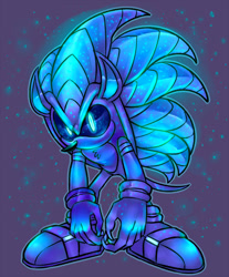 Size: 700x844 | Tagged: safe, artist:virune, oc, oc:knight the pangolin, 2024, bandage, bending over, blue sclera, chest fluff, dark form, dark oc, fusion:mighty, fusion:sonic, glowing eyes, looking offscreen, no mouth, oc only, pangolin, purple background, simple background, solo