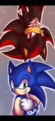 Size: 500x1100 | Tagged: safe, artist:mintch0c0late, shadow the hedgehog, sonic the hedgehog, 2014, border, duo, frown, gradient background, looking at viewer, outline, smile, thumbs up, upside down