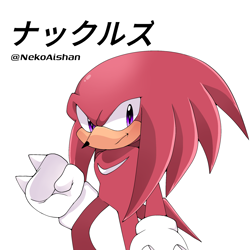 Size: 2048x2048 | Tagged: safe, artist:nekoaishan, knuckles the echidna, 2026, clenched fist, japanese text, looking at viewer, signature, simple background, smile, solo, standing, text, white background