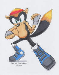Size: 1280x1628 | Tagged: safe, artist:mightyray, oc, oc:ready the flying armadillo, armadillo, flying squirrel, 2025, boots, character name, clenched fists, english text, fighting pose, fingerless gloves, frown, fusion, fusion:mighty, fusion:ray, gloves, oc only, posing, simple background, solo, text, traditional media, white background