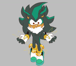Size: 1500x1300 | Tagged: safe, artist:smallpwbbles, oc, oc:ash the hedgehog, hedgehog, 2024, ask response, fingerless gloves, flat colors, fusion, fusion:shadow, fusion:silver, gloves, grey background, neck fluff, no mouth, simple background, solo
