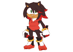 Size: 1500x1080 | Tagged: safe, artist:smallpwbbles, oc, oc:ivy the hedgehog, hedgehog, 2024, ask response, clenched fists, fingerless gloves, flat colors, frown, fusion, fusion:amy, fusion:shadow, gloves, looking at viewer, oc only, shadow's hover skates, shirt, simple background, solo, white background
