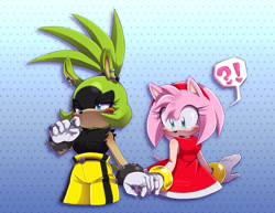 Size: 2048x1582 | Tagged: safe, artist:bingusbnuy, amy rose, surge the tenrec, 2026, blushing, crack shipping, duo, exclamation mark, heart, holding hands, lesbian, question mark, shipping, standing, surgamy, surprised