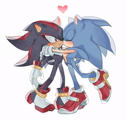 Size: 2048x1923 | Tagged: safe, artist:roastedgarlics2, shadow the hedgehog, sonic the hedgehog, 2026, blushing, duo, gay, heart, kiss, kiss on cheek, shadow x sonic, shipping, simple background, soap shoes, white background