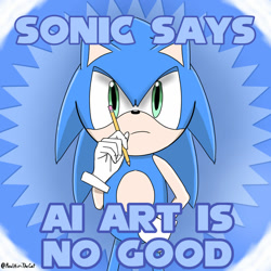 Size: 1280x1280 | Tagged: safe, artist:airi-the-cat, sonic the hedgehog, 2025, anti-ai, english text, frown, holding something, pencil, signature, solo, text
