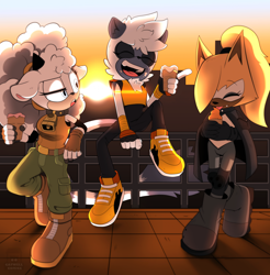 Size: 1906x1934 | Tagged: safe, artist:catwellcomics, lanolin the sheep, tangle the lemur, whisper the wolf, city, cityscape, cute, eyes closed, female, females only, friendship, ice cream, laughing, sitting, smile, sun, sunset, tangle's running suit
