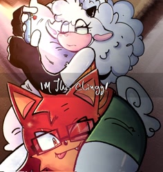 Size: 1933x2048 | Tagged: safe, artist:mari_maria03, gadget the wolf, lanolin the sheep, sheep, wolf, 2025, duo, english text, female, gadget x lanolin, glasses, holding something, lying down, male, meme, phone, shipping, straight, tongue out, wink