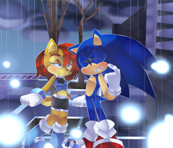 Size: 2400x2050 | Tagged: safe, artist:luciolez, sally acorn, sonic the hedgehog, chipmunk, hedgehog, 2015, blushing, building, car park, cloudy, duo, female, holding hands, male, rain, sally x sonic, sally's ringblader outfit, shipping, straight, wet