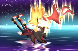 Size: 1024x672 | Tagged: safe, artist:fate7shadow, amy rose, shadow the hedgehog, hedgehog, 2021, amy x shadow, clothes, duo, female, looking at each other, male, shipping, shirt, star (sky), straight, super amy, super form, water