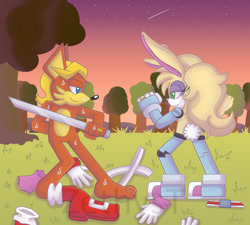 Size: 1024x920 | Tagged: safe, artist:sonicelric, antoine d'coolette, bunnie rabbot, coyote, rabbit, 2019, buntoine, cybernetic, cyborg, duo, female, holding something, male, nighttime, nudity, shipping, star (sky), straight, sweatdrop, sword, tree, weapon, wedding ring
