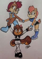 Size: 1508x2120 | Tagged: safe, artist:sailorsonikku, sally acorn, chipmunk, squirrel, 2026, female, fleetway sally, holding each other, holding hands, looking at each other, sally's ringblader outfit, sally's vest and boots, self paradox, smile, traditional media, trio