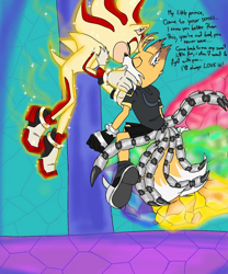 Size: 800x963 | Tagged: safe, artist:nine.s_wife, miles "tails" prower, nine, shadow the hedgehog, super shadow, sonic prime, 2025, abstract background, duo, english text, eyes closed, flat colors, flying, gay, kiss, mid-air, nine x shadow, rarepair, shadow x tails, shipping, sparkles, super form, text