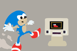 Size: 1800x1200 | Tagged: safe, sonic the hedgehog, hedgehog, anonymous artist, arms out, classic sonic, computer, crossover, don't hug me i'm scared, duo, dust clouds, lineless, looking at each other, monitor, mouth open, power sneakers, simple background, standing on one leg