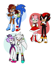 Size: 2713x3325 | Tagged: safe, artist:lazylyza, amy rose, blaze the cat, sally acorn, shadow the hedgehog, silver the hedgehog, sonic the hedgehog, cat, chipmunk, hedgehog, 2019, amy x shadow, blaze x silver, blushing, duo focus, eyes closed, female, flower, group, hand behind head, heart shape box, holding something, laughing, male, rose, sally x sonic, sally's vest and boots, shipping, simple background, straight, valentine's day