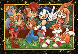 Size: 860x600 | Tagged: safe, artist:tiara-c, antoine d'coolette, bunnie rabbot, miles "tails" prower, nicole the handheld, rotor walrus, sally acorn, sonic the hedgehog, chipmunk, coyote, fox, hedgehog, rabbit, walrus, 2013, blushing, female, flower, forest, freedom fighters, grass, group, hanging out, holding something, leaning on something, log, looking at star, looking up, male, nighttime, rose, sitting, star (sky), star (symbol)
