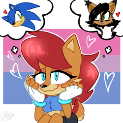Size: 2000x2000 | Tagged: safe, artist:yoshiyoshi700, nicole the hololynx, sally acorn, sonic the hedgehog, chipmunk, hedgehog, lynx, 2025, bisexual, bisexual pride, blushing, female, heart, male, nicole x sally, polyamory, pride flag, sally x sonic, sally's ringblader outfit, shipping, simple background, sitting, solo, thinking, white background, wink