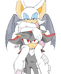 Size: 1000x1200 | Tagged: safe, artist:aoshibazakura95, rouge the bat, shadow the hedgehog, carrying them, duo, lidded eyes, looking at them, piggyback, shadouge, shipping, simple background, sitting, sitting on them, standing, straight, white background