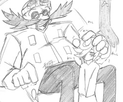 Size: 1024x848 | Tagged: safe, artist:aoshibazakura95, 2025, blushing, christmas, cute, duo, father and daughter, greyscale, grin, hand on another's head, headpats, japanese text, looking at them, monochrome, pencilwork, robotnikbetes, sagebetes, simple background, sitting, smile, standing, traditional media, white background