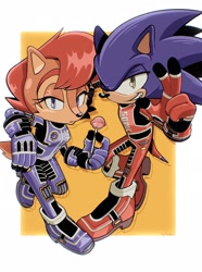 Size: 1520x2048 | Tagged: safe, artist:jadepesky, sally acorn, sonic the hedgehog, chipmunk, hedgehog, sonic adventure 2, 2026, alternate outfit, candy, clothes, duo, female, food, holding something, lollipop, looking at viewer, male, pose, racing suit, sally x sonic, shipping, simple background, straight