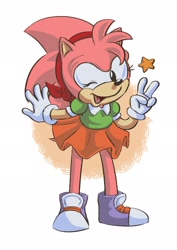 Size: 1448x2048 | Tagged: safe, artist:jadepesky, amy rose, hedgehog, 2021, classic amy, female, looking at viewer, one eye closed, simple background, solo, star, v sign, wink