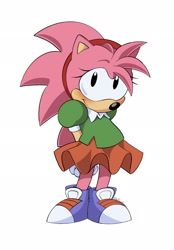 Size: 1423x2048 | Tagged: safe, artist:jadepesky, amy rose, hedgehog, 2026, classic amy, female, hands behind back, looking at viewer, shy, simple background, solo, sonic satam, standing, white background