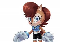 Size: 2048x1423 | Tagged: safe, artist:jadepesky, sally acorn, sonic the hedgehog, chipmunk, hedgehog, 2026, duo, female, heart, holding hands, looking at each other, male, sally x sonic, sally's ringblader outfit, shipping, simple background, smile, smiling at them, straight, white background
