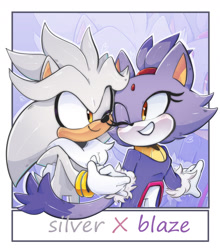 Size: 1584x1800 | Tagged: safe, artist:qtcakesentry, blaze the cat, silver the hedgehog, cat, hedgehog, 2023, blaze x silver, blushing, duo, english text, female, looking at each other, male, one eye closed, shipping, smile, smiling at each other, straight, wink, winking at them